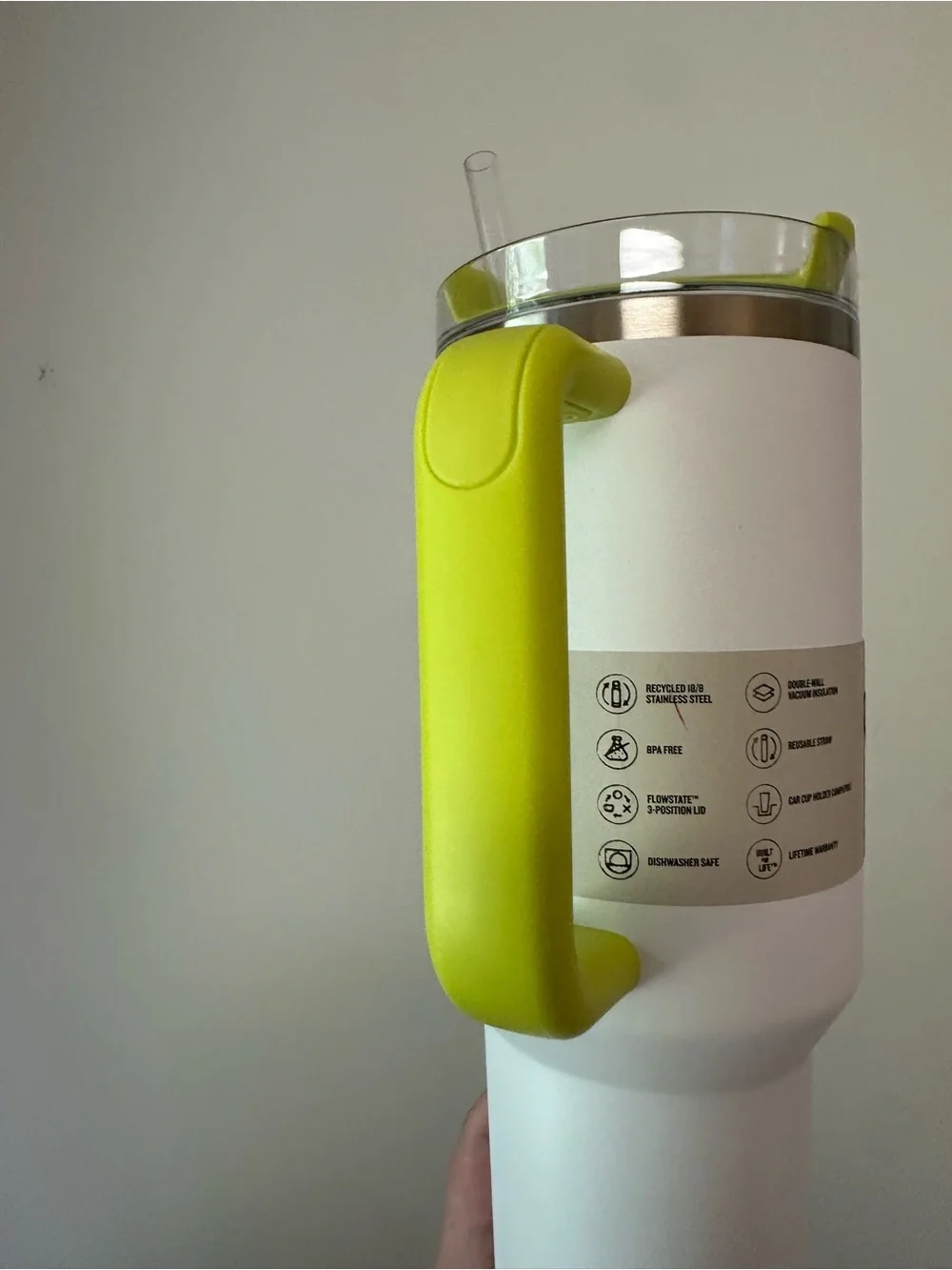 Stanley 40 oz. White Tumbler with Neon yellow Handle NWT - Picture 5 of 8